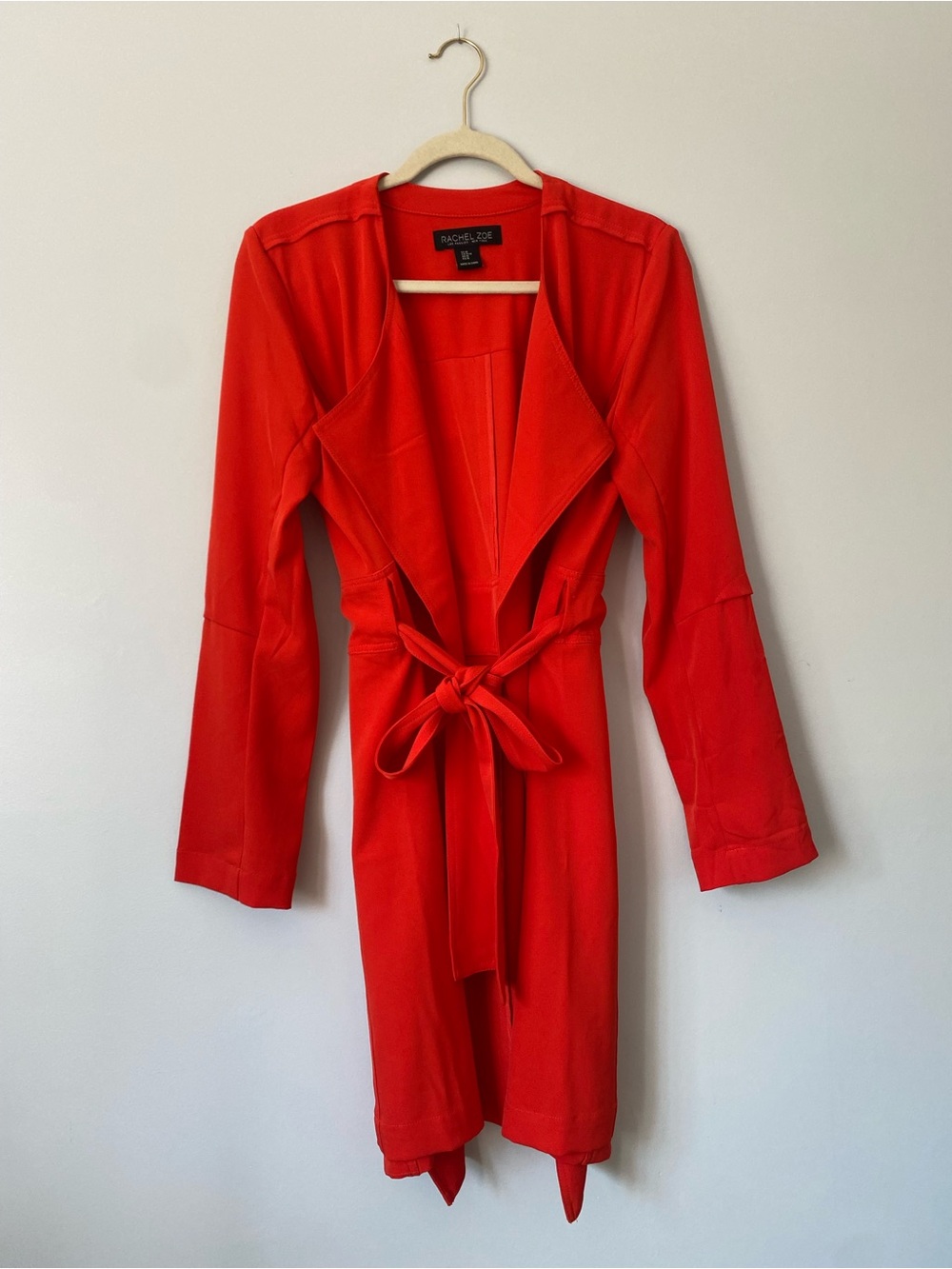 Rachel Zoe Red Lightweight Drape Front Trench Coat Tie Waist Pockets Medium